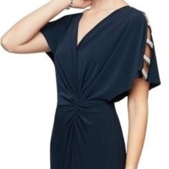 NEW Alex Evenings Womens Long Knot Dress with Embellished Short Sleeve sz 6 navy - Picture 3 of 5